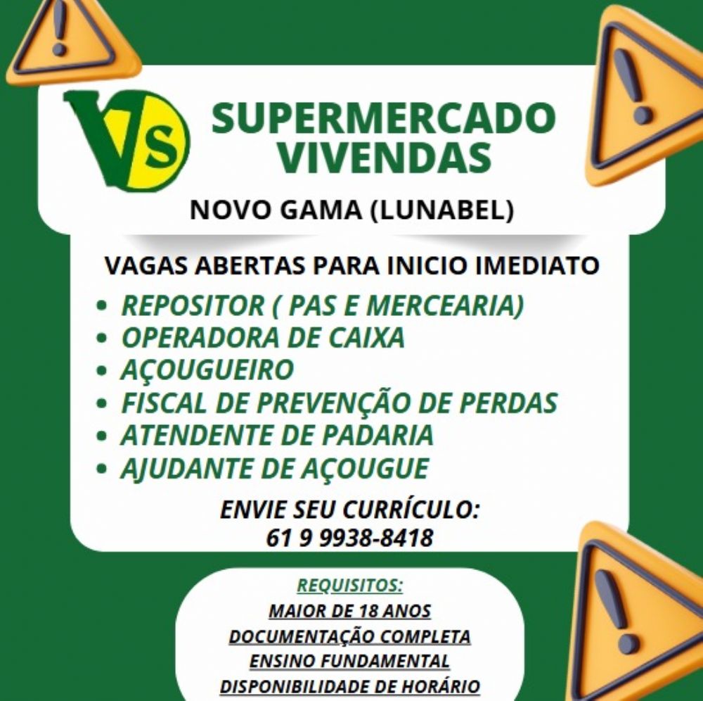 Supermercado Vivendas abre diversas vagas de emprego em Novo Gama